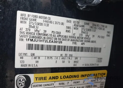 2020 Ford Expedition Xlt из США, поврежденный, VIN 1FMJU1HT2LEA36126